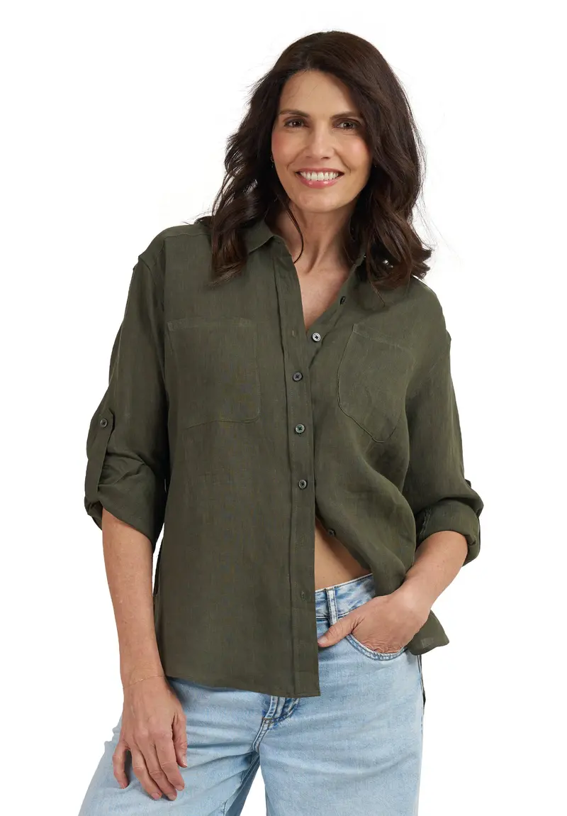Luna Olive Green Oversized Linen Shirt With Pockets 1