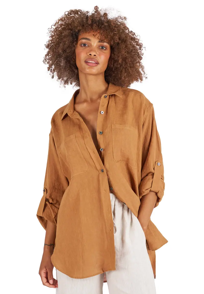 Luna Tobacco Oversized Linen Shirt With Pockets 1