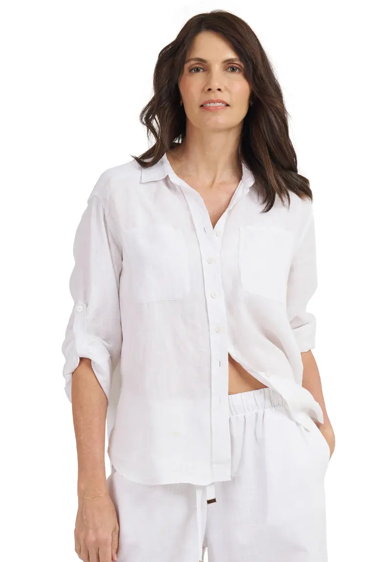 Luna White Oversized Linen Shirt With Pockets 1