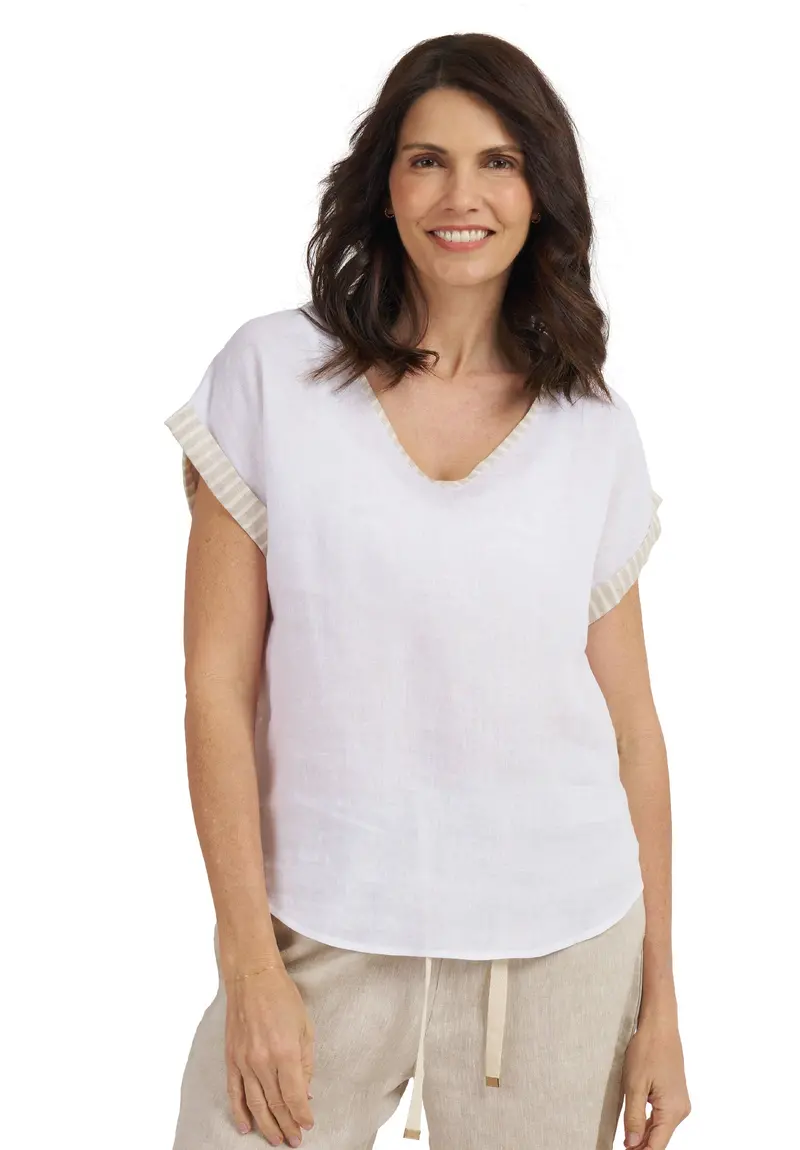 Martina Beige Stripes Contrast Linen T-Shirt 1