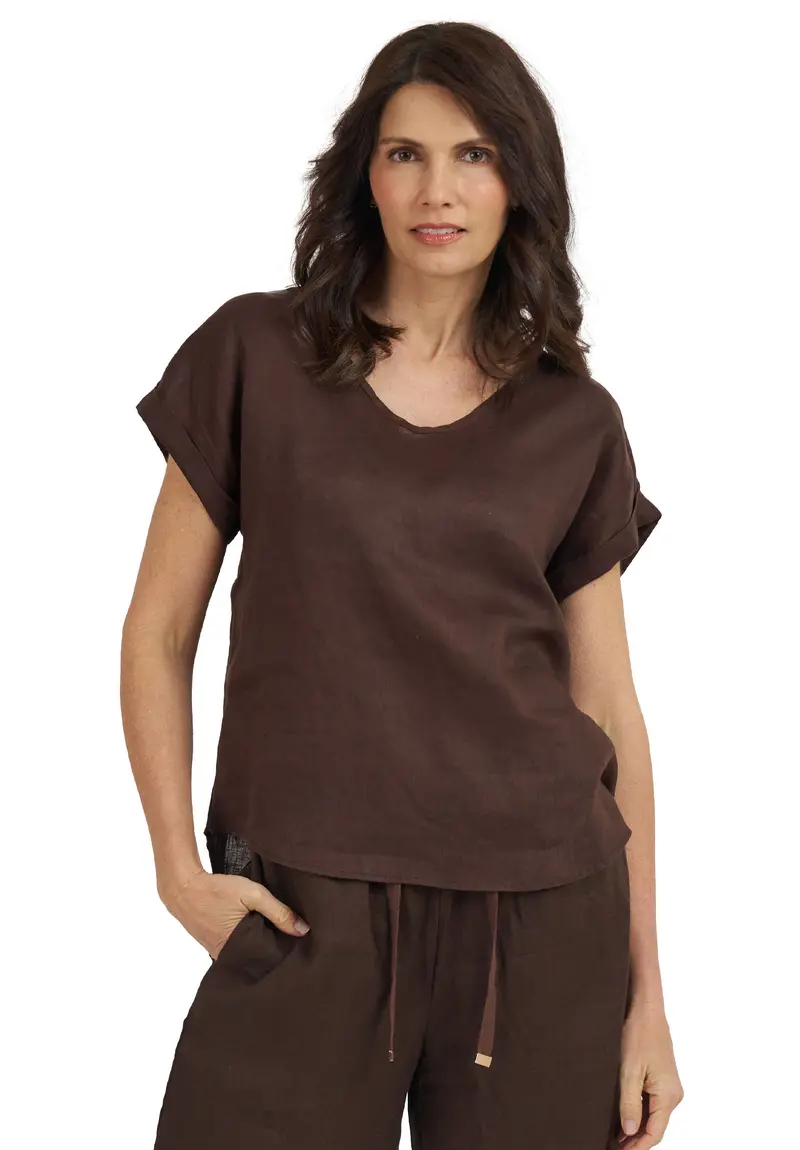 Martina Chocolate Sand Washed Linen T-Shirt 1