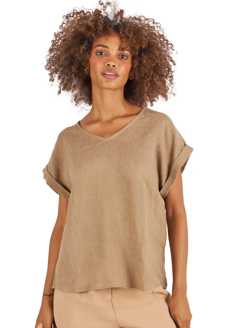 Martina Hazelnut Sand Washed Linen T-Shirt 1