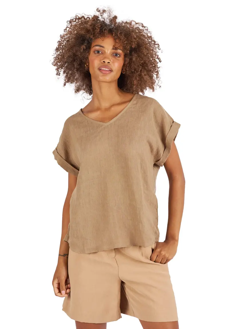 Martina Hazelnut Sand Washed Linen T-Shirt 1