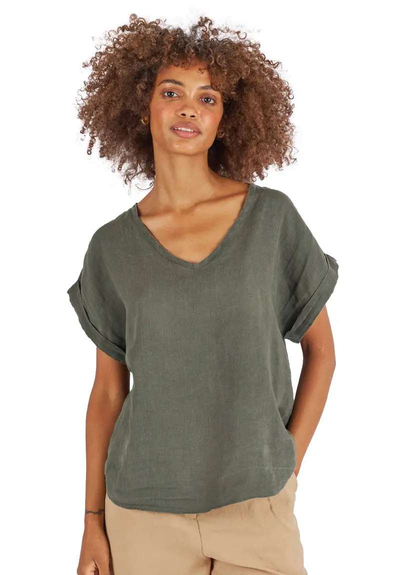 Martina Olive Green Sand Washed Linen T-Shirt 1