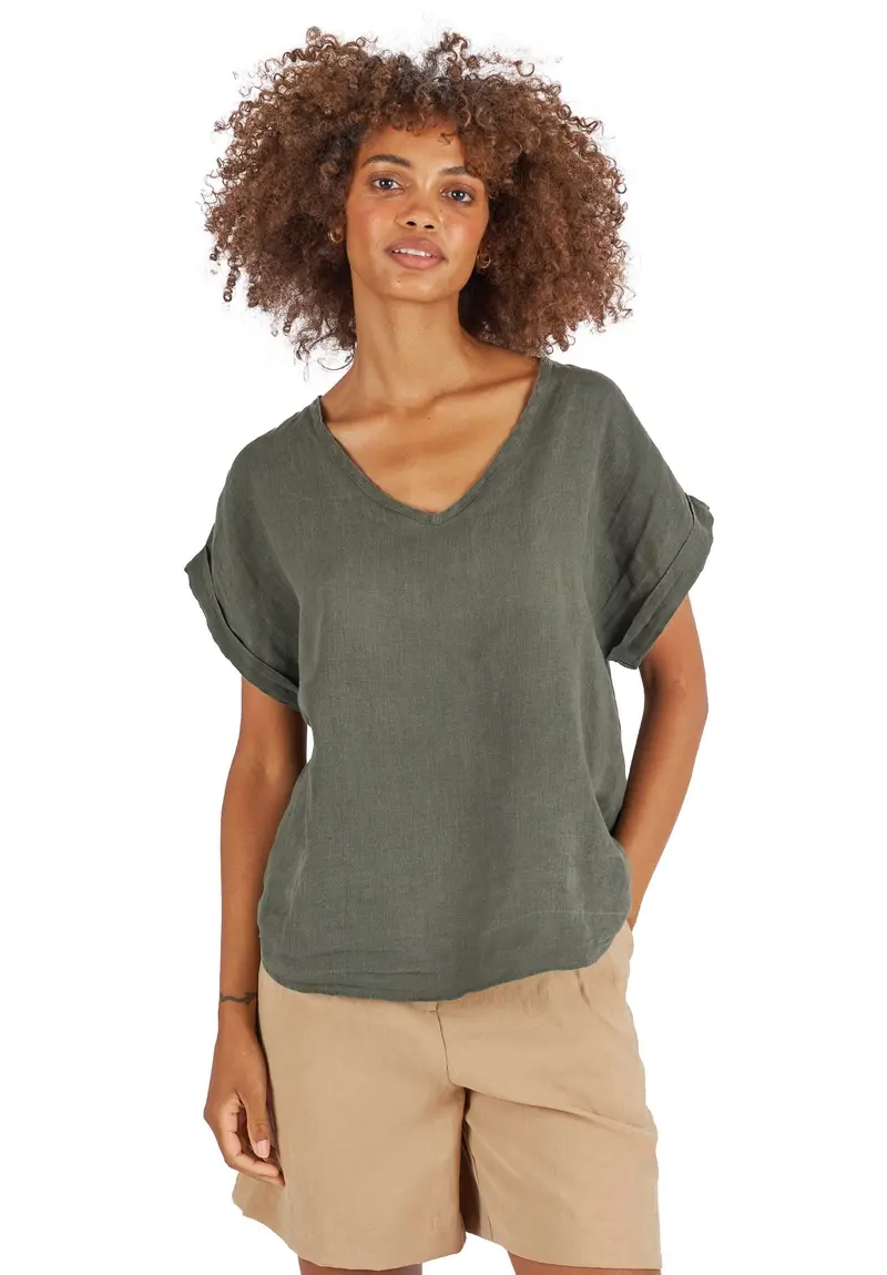 Martina Olive Green Sand Washed Linen T-Shirt 1