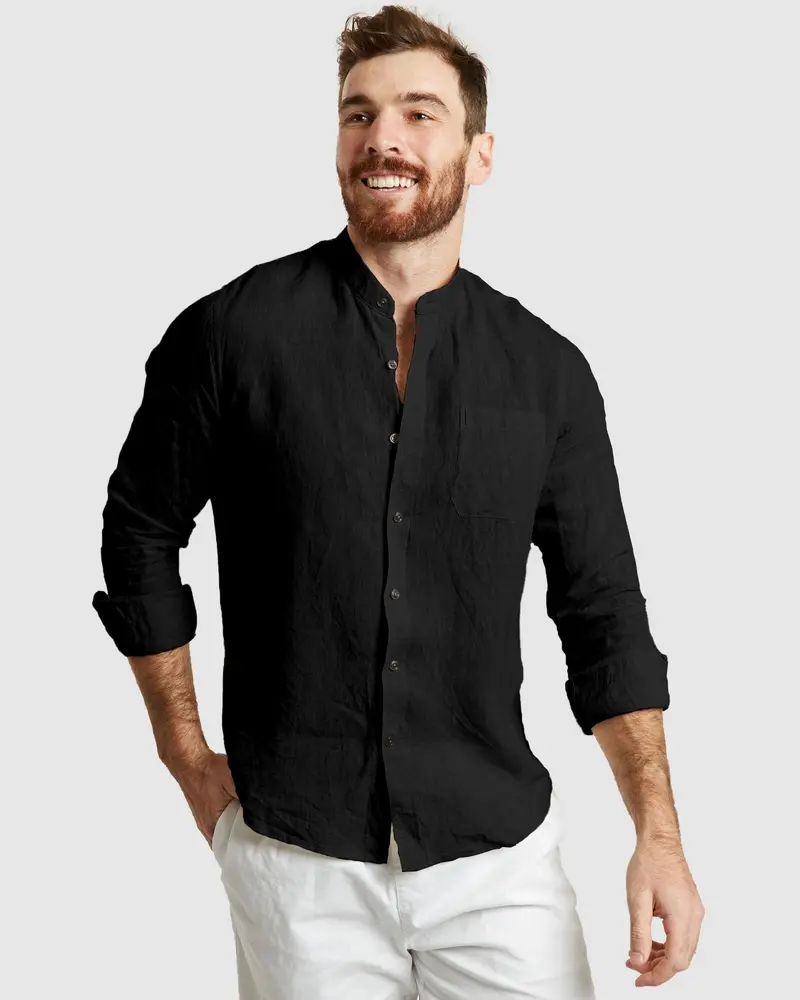 Palma-Casual Black Mandarin Collar Linen Shirt 1