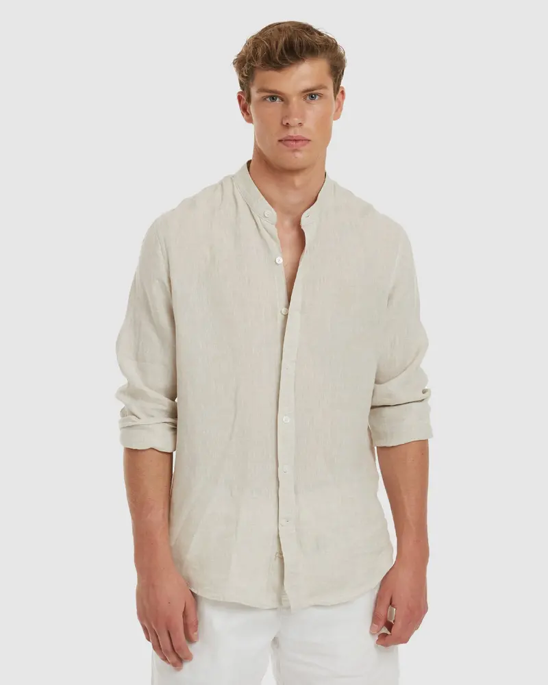 Palma-Casual Sand Mandarin Collar Linen Shirt 1
