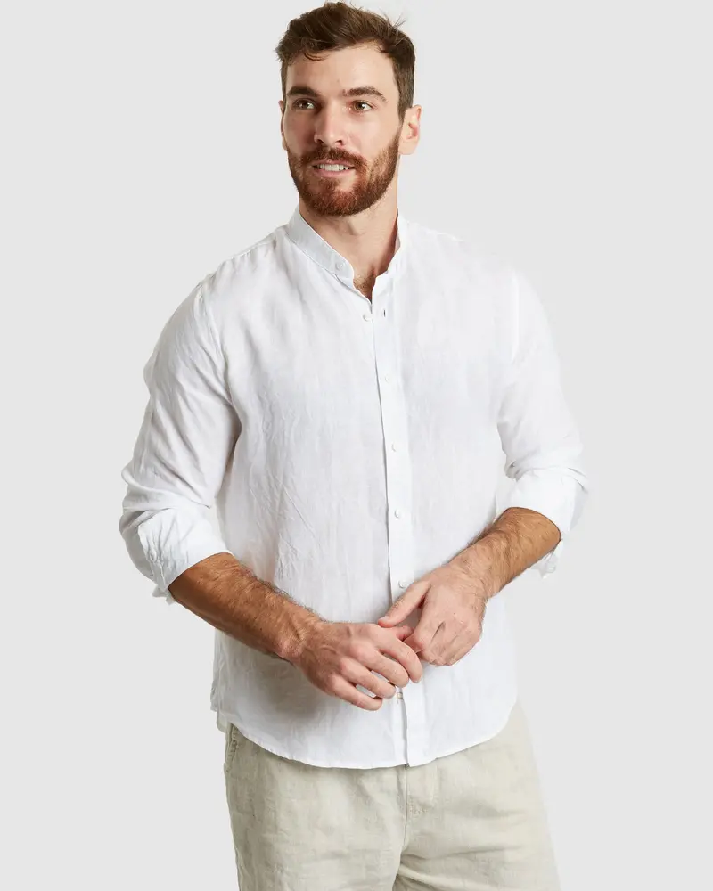 Palma-Casual White Mandarin Collar Linen Shirt 1