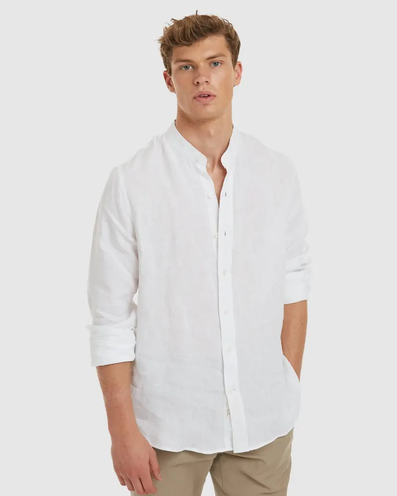 Palma-Slim White Mandarin Collar Linen Shirt 1