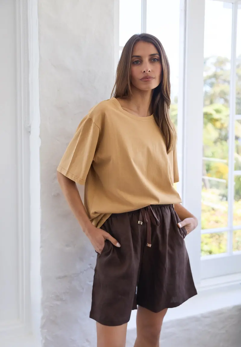 Panthea Coffee Linen Shorts 1
