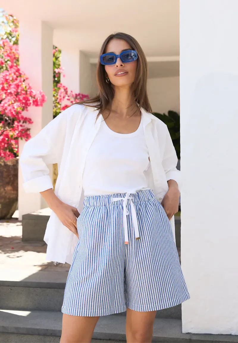 Panthea Navy Blue Stripes Linen Shorts 1