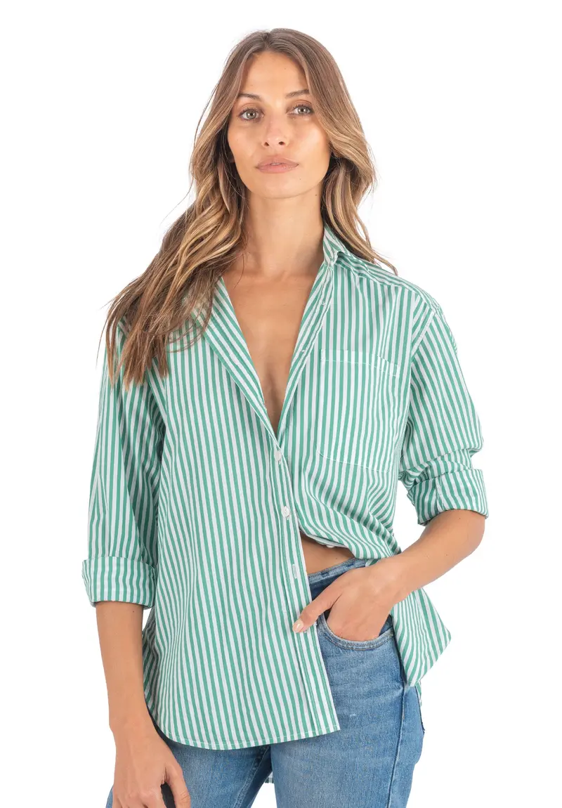 Poppy-Cotton Green Stripes Oversized Cotton Shirt 1