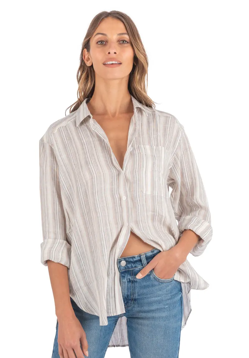 Poppy-Linen Beige Stripes Oversized Linen Shirt 1