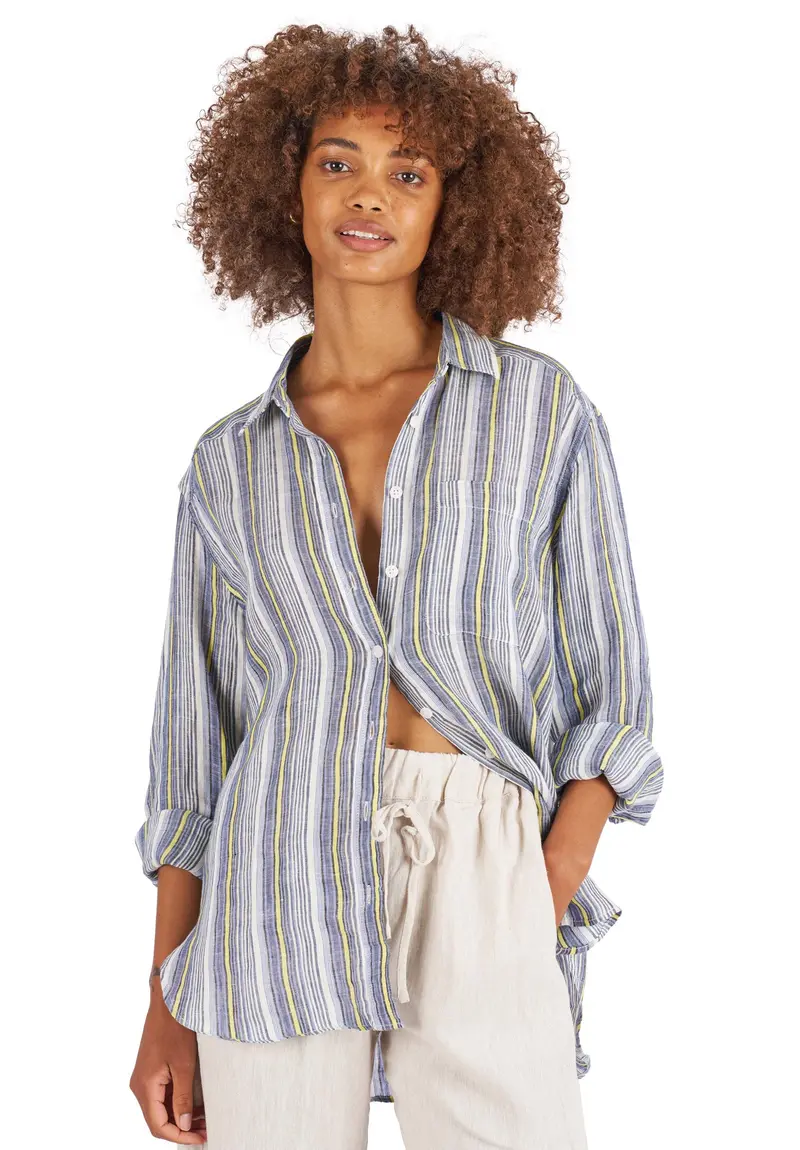 Poppy-Linen Blue Yellow Stripes Oversized Linen Shirt 1