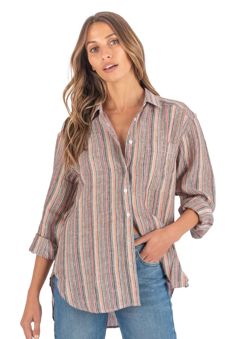 Poppy-Linen Pink Multi Stripes Oversized Linen Shirt 1
