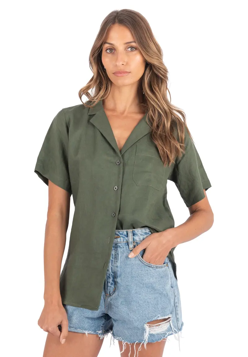 Revere Olive Green Ss Linen T-Shirt 1