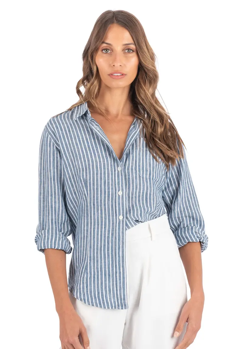 Rina Indigo Blue Stripes Slim-Fit Linen Shirt 1