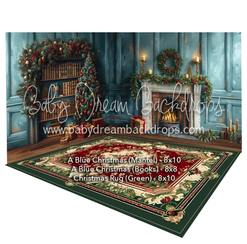 Room A Blue Christmas (Mantel) + Room A Blue Christmas (Books) + Christmas Rug (Green) 1