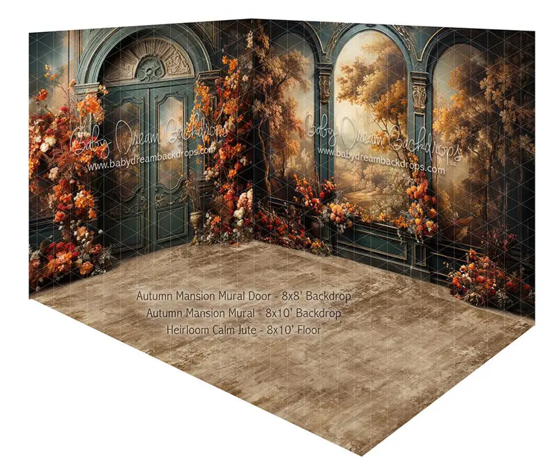 Room Autumn Mansion Mural Door + Autumn Mansion Mural + Heirloom Calm Jute 1