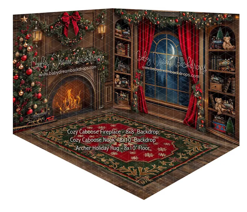 Room Cozy Caboose Fireplace + Cozy Caboose Nook + Archer Holiday Rug 1