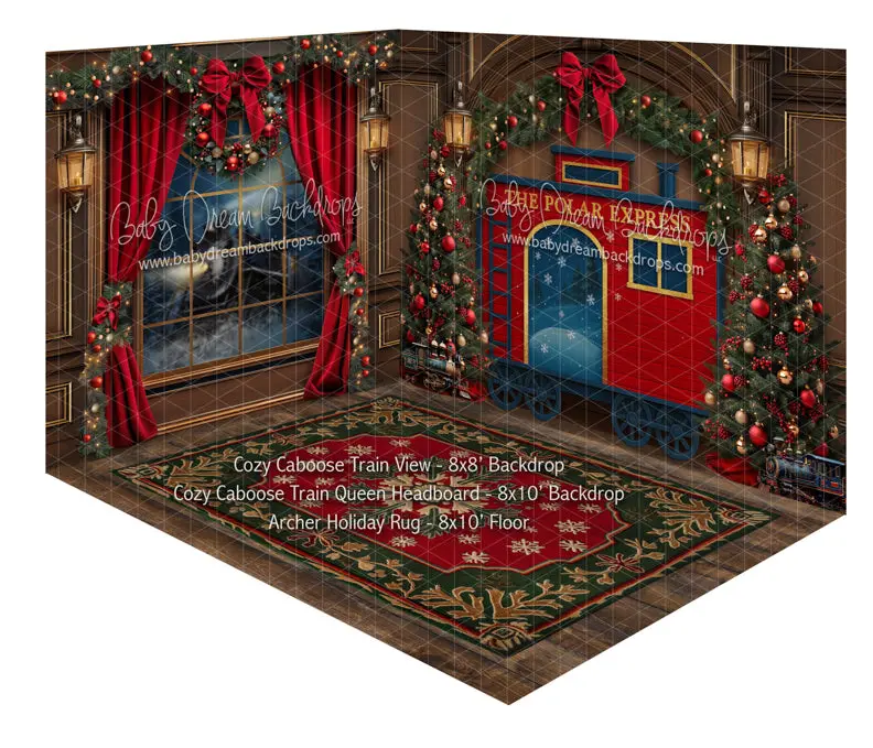 Room Cozy Caboose Train View + Cozy Caboose Train Queen Headboard + Archer Holiday Rug 1