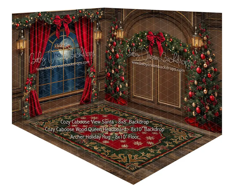 Room Cozy Caboose View Santa + Cozy Caboose Wood Queen Headboard + Archer Holiday Rug 1