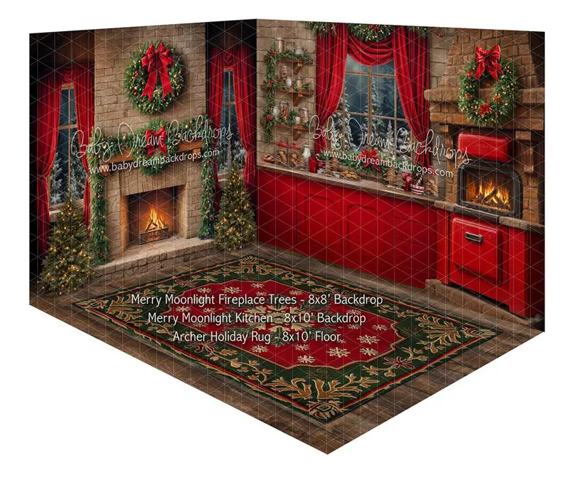 Room Merry Moonlight Fireplace Trees + Merry Moonlight Kitchen + Archer Holiday Rug 1
