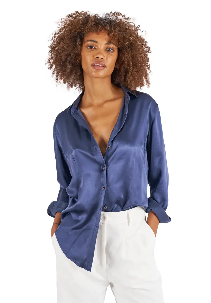Satin-Silk Avio Blue Classic Fit Charmeuse Silk Shirt 1
