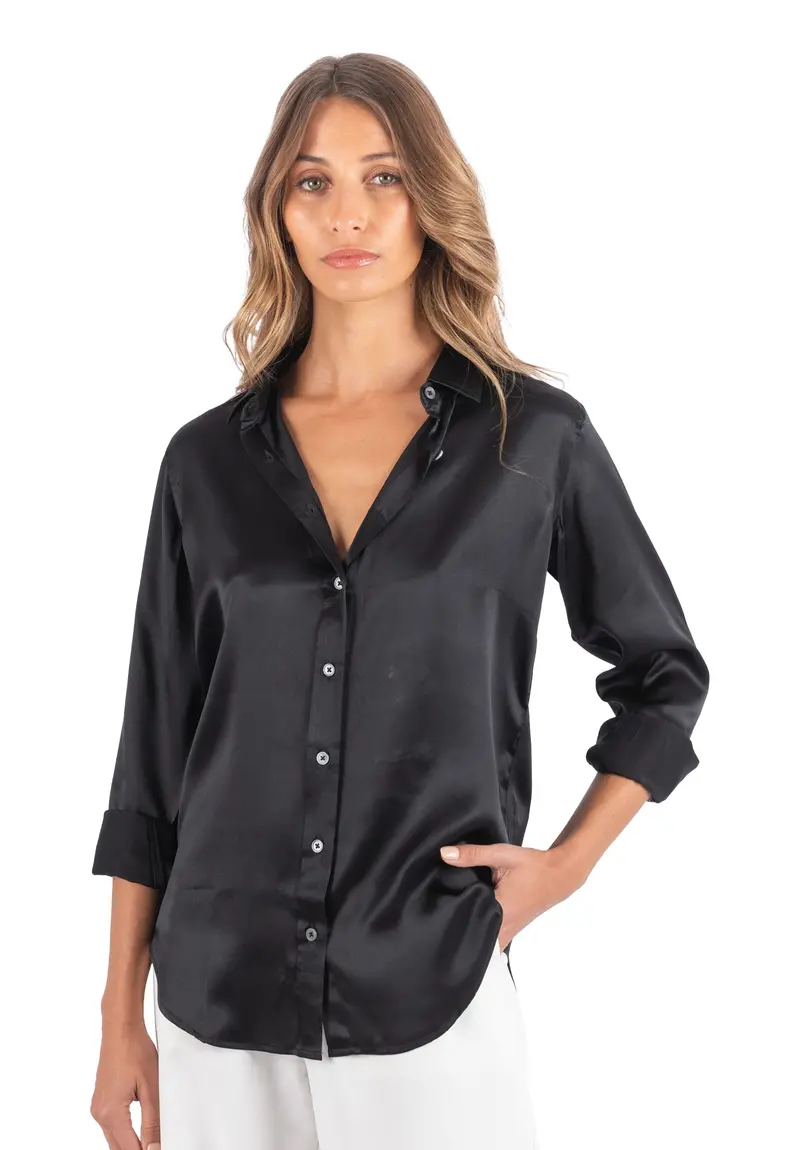 Satin-Silk Black Classic Fit Charmeuse Silk Shirt 1