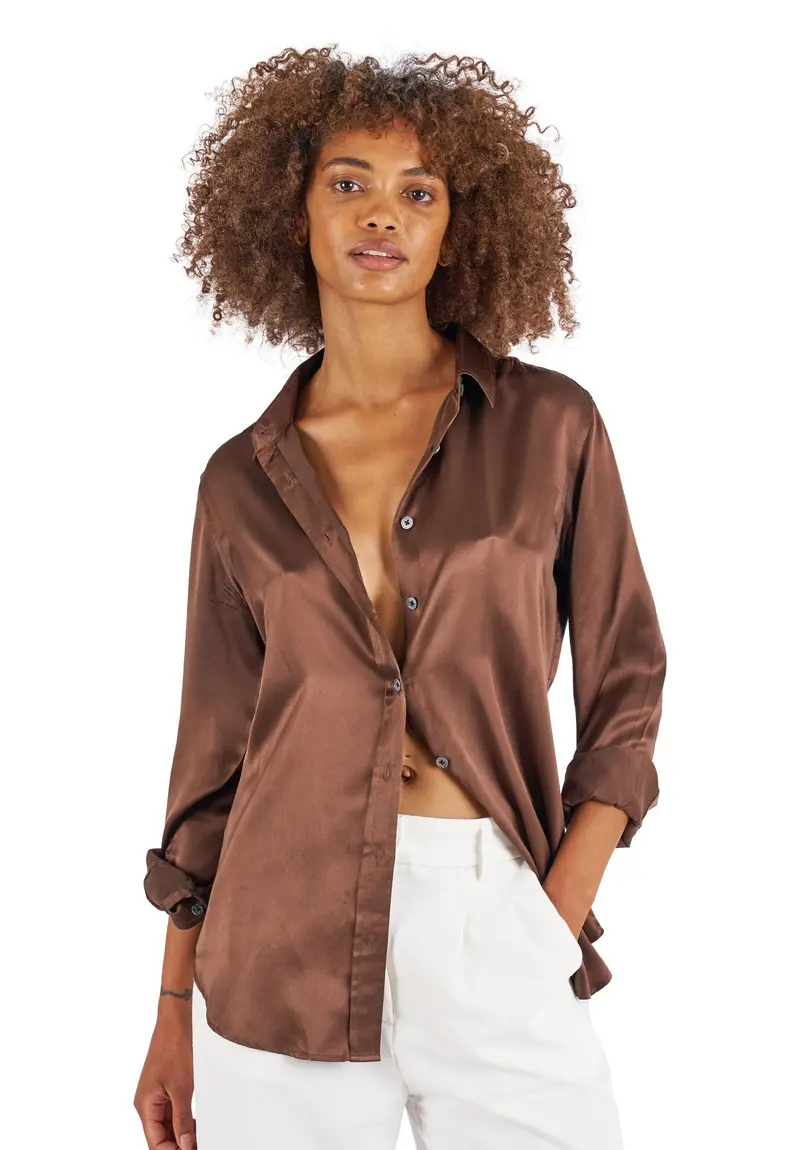 Satin-Silk Coffee Classic Fit Charmeuse Silk Shirt 1