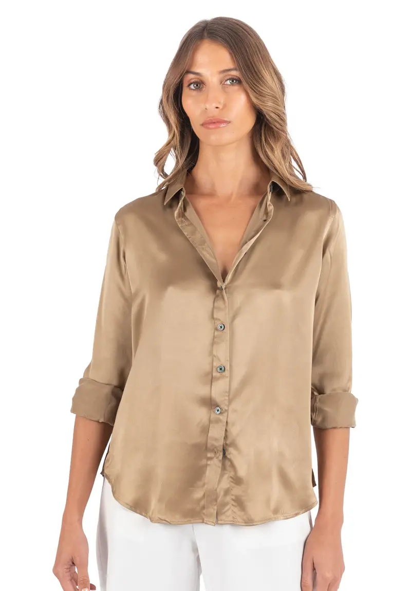 Satin-Silk Dark Gold Classic Fit Charmeuse Silk Shirt 1