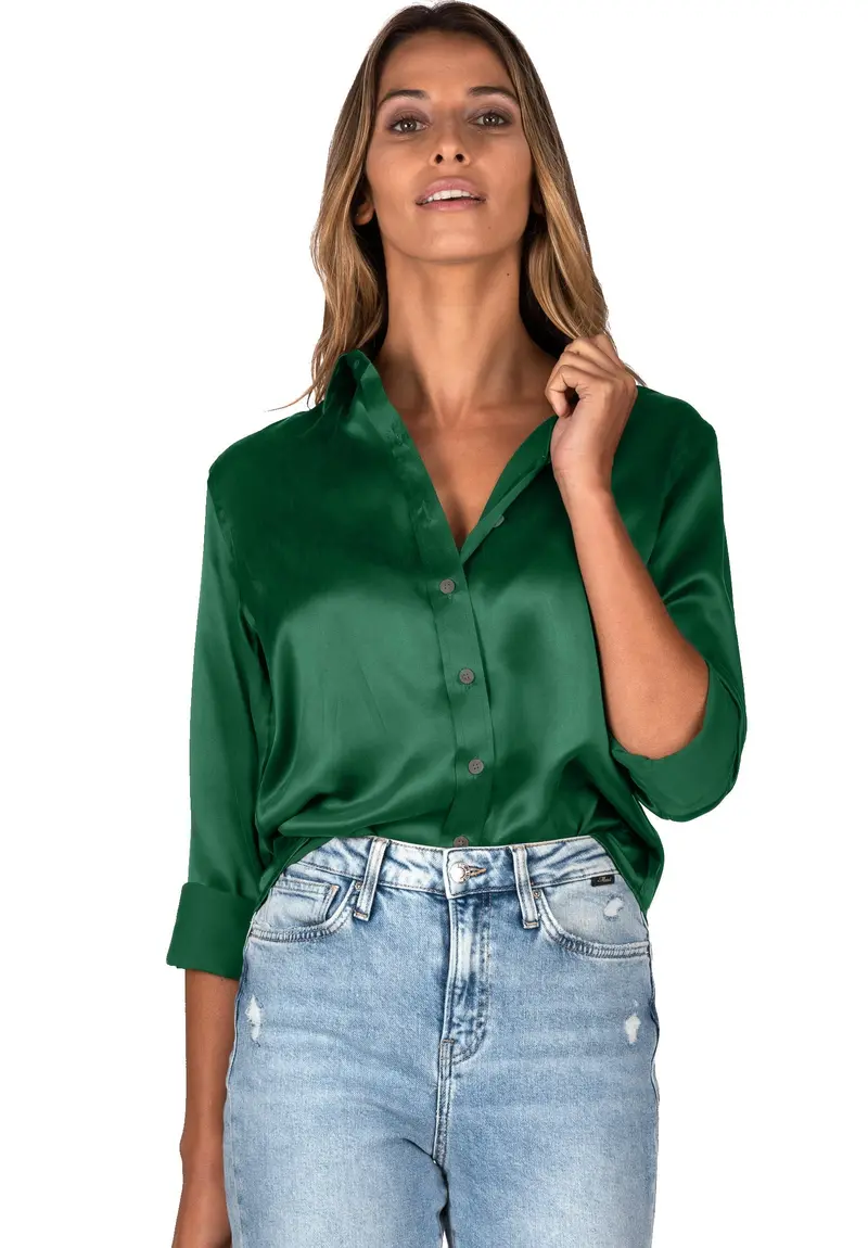 Satin-Silk Emerald Green Classic Fit Charmeuse Silk Shirt 1