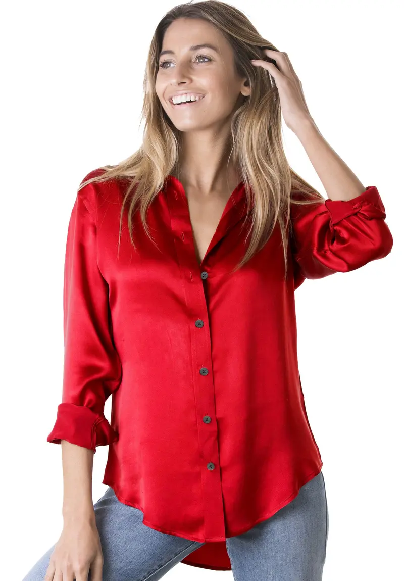 Satin-Silk Red, Pure Charmeuse Silk Shirt 1