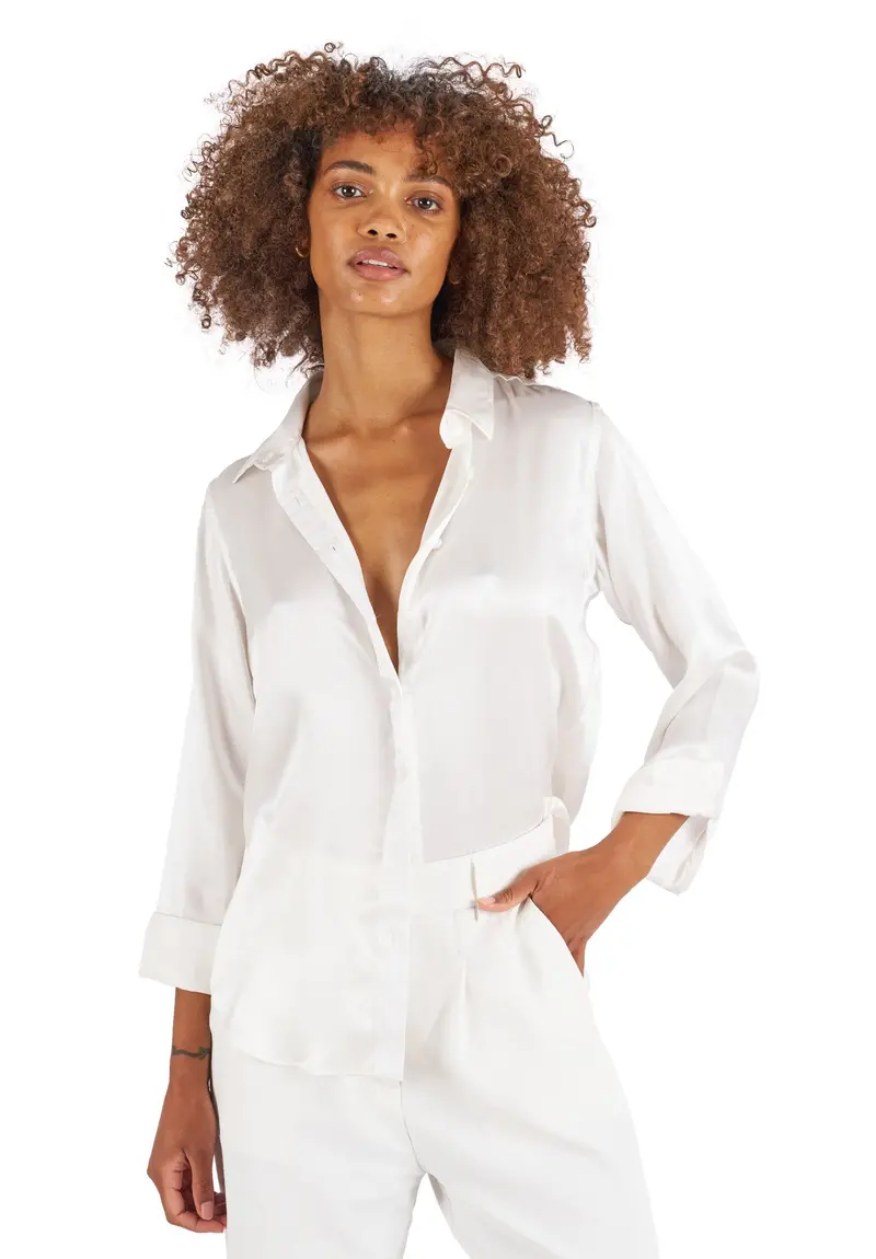 Satin-Silk White Classic Fit Charmeuse Silk Shirt 1