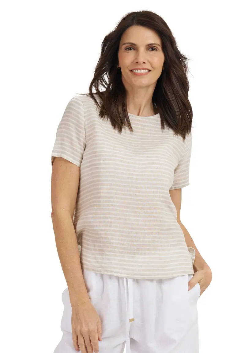 Teena-Linen Beige Stripes T-Shirt 1