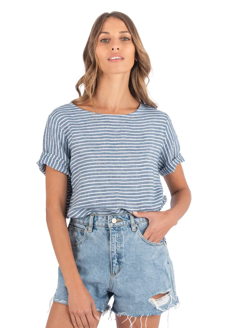 Teena-Linen Indigo Stripes T-Shirt 1