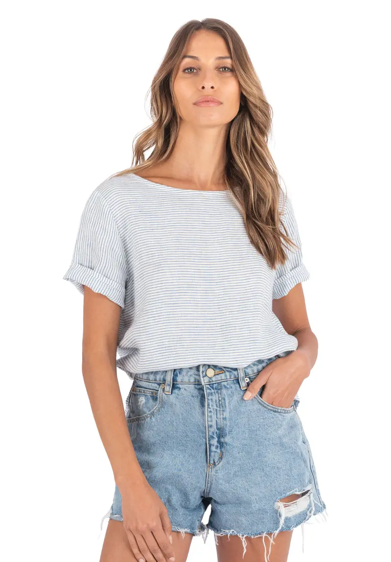 Teena-Linen Light Blue Stripes T-Shirt 1