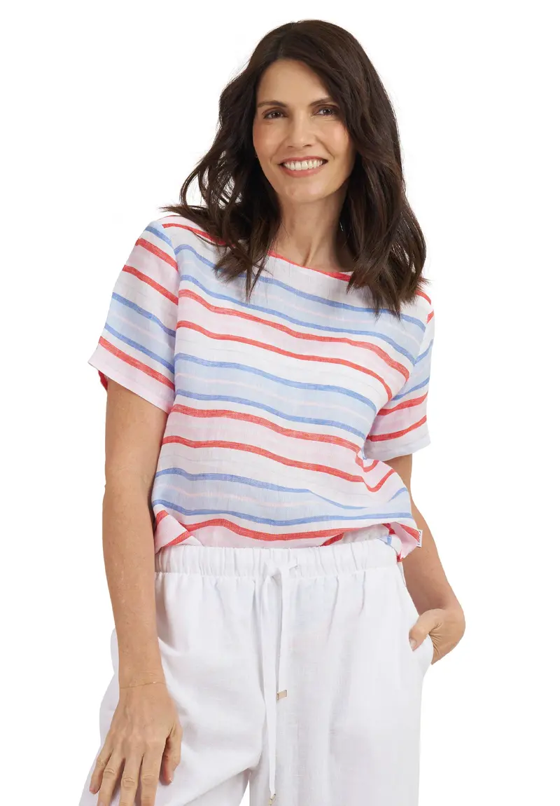 Teena-Linen Multi Stripes T-Shirt - Red Blue White 1