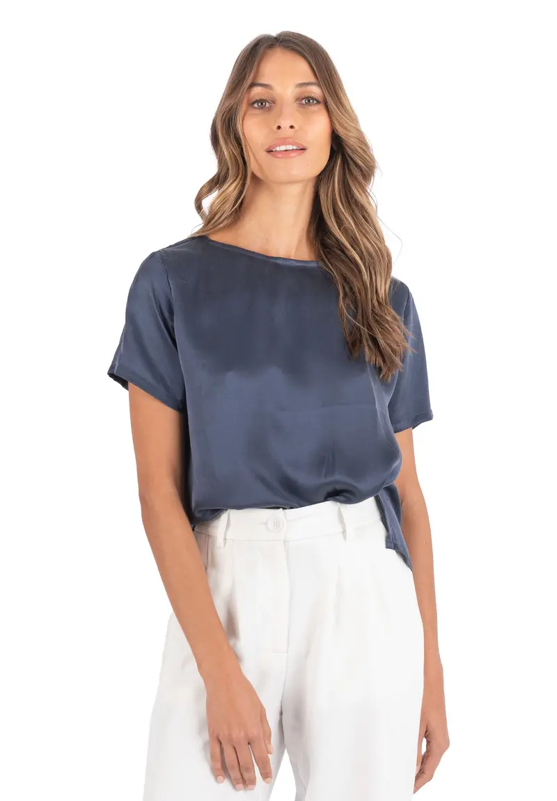 Teena-Satin Avio Blue 100% Silk T-Shirt 1