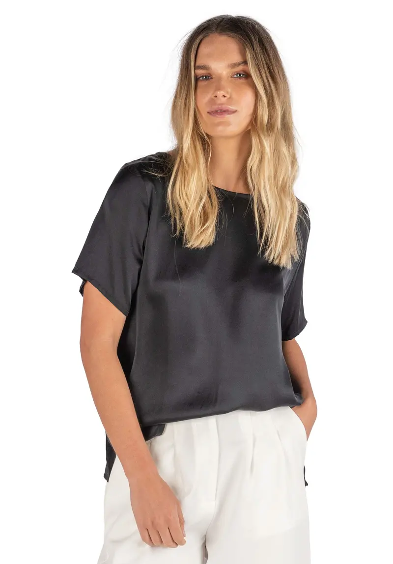 Teena-Satin Black 100% Silk T-Shirt 1