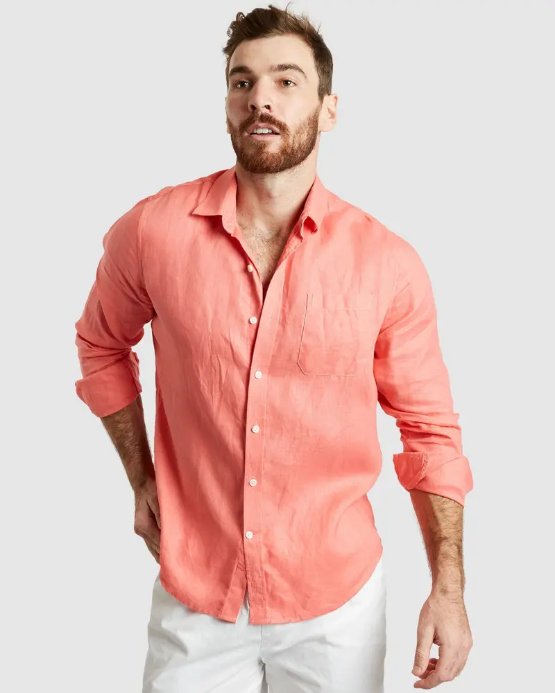 Tulum-Casual Coral Linen Shirt Long Sleeve 1