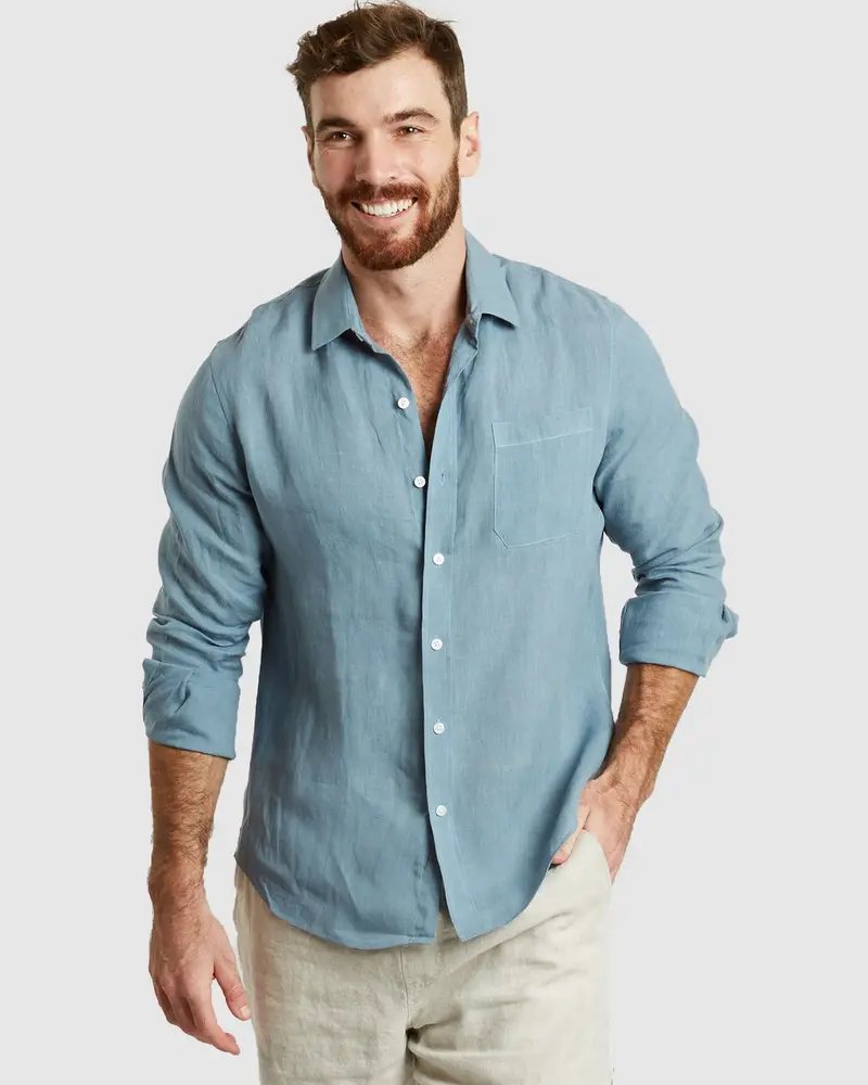 Tulum-Casual Dusk Blue Linen Shirt Long Sleeve 1