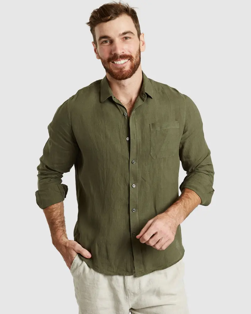 Tulum-Casual Green Linen Shirt Long Sleeve 1