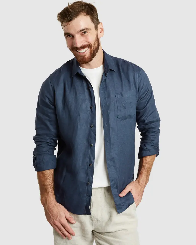 Tulum-Casual Navy Linen Shirt Long Sleeve 1