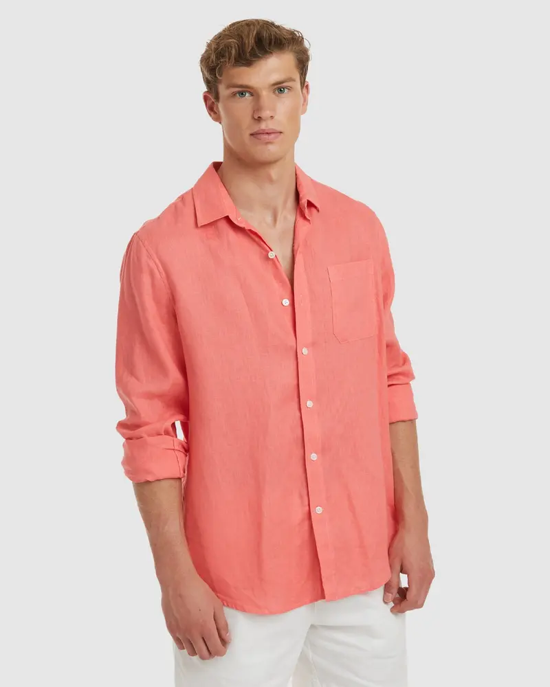 Tulum-Slim Coral Linen Shirt Long Sleeve 1