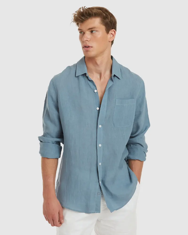 Tulum-Slim Dusk Blue Linen Shirt Long Sleeve 1