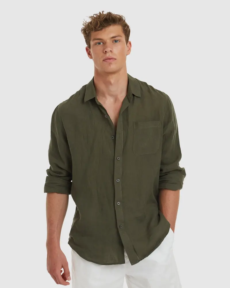 Tulum-Slim Green Linen Shirt Long Sleeve 1
