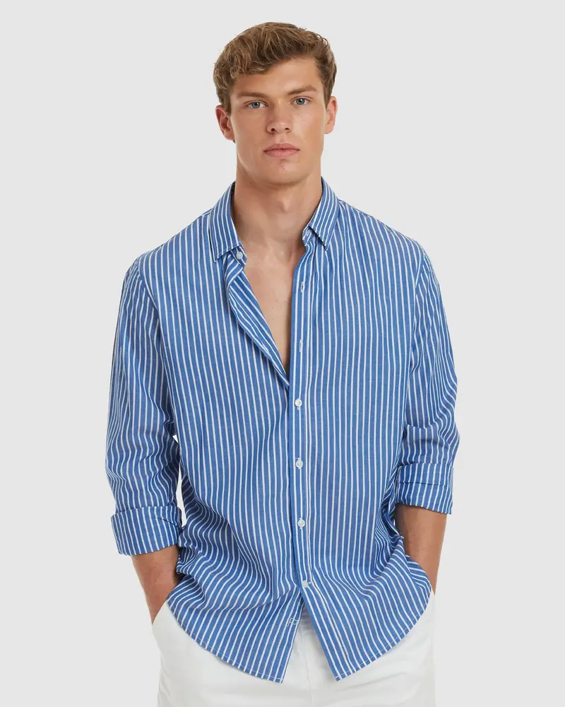 Vegas-Casual Blue Stripes Cotton Shirt 1