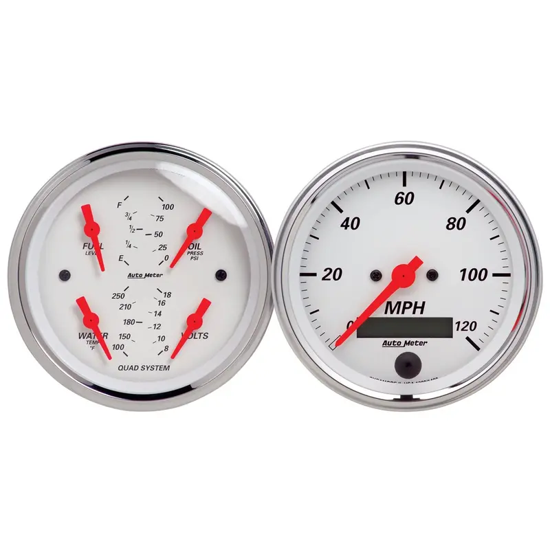 Autometer 2-Piece Arctic White Gauge Kit – Includes 3-3/8" Quad Gauges & Speedometer (240–33 Ohm) 1