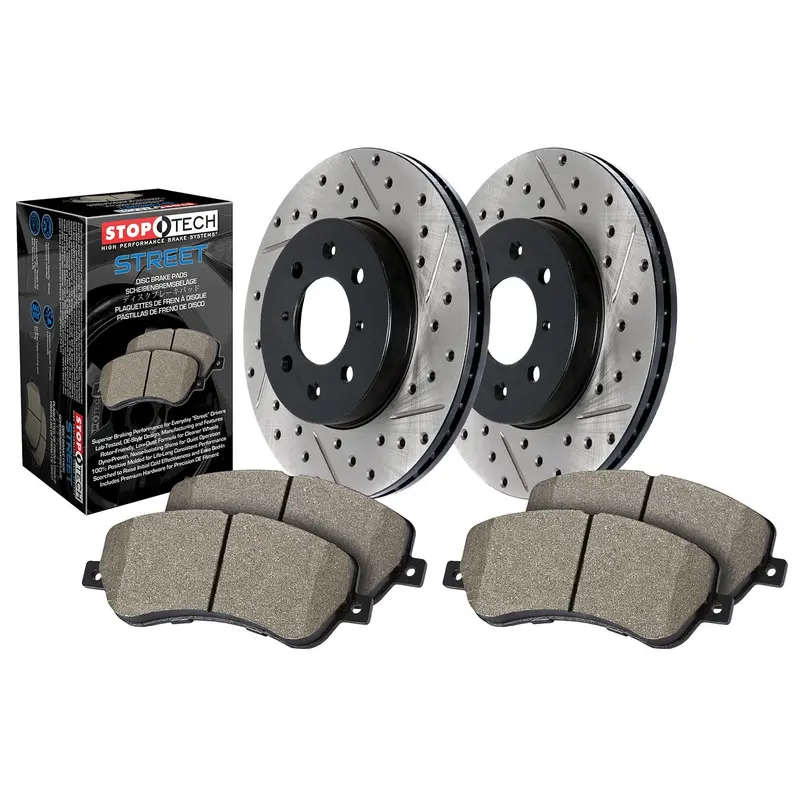 Stoptech 938.45053 Street Axle Brake Kit — Drilled & Slotted Front Rotors And Pads 1